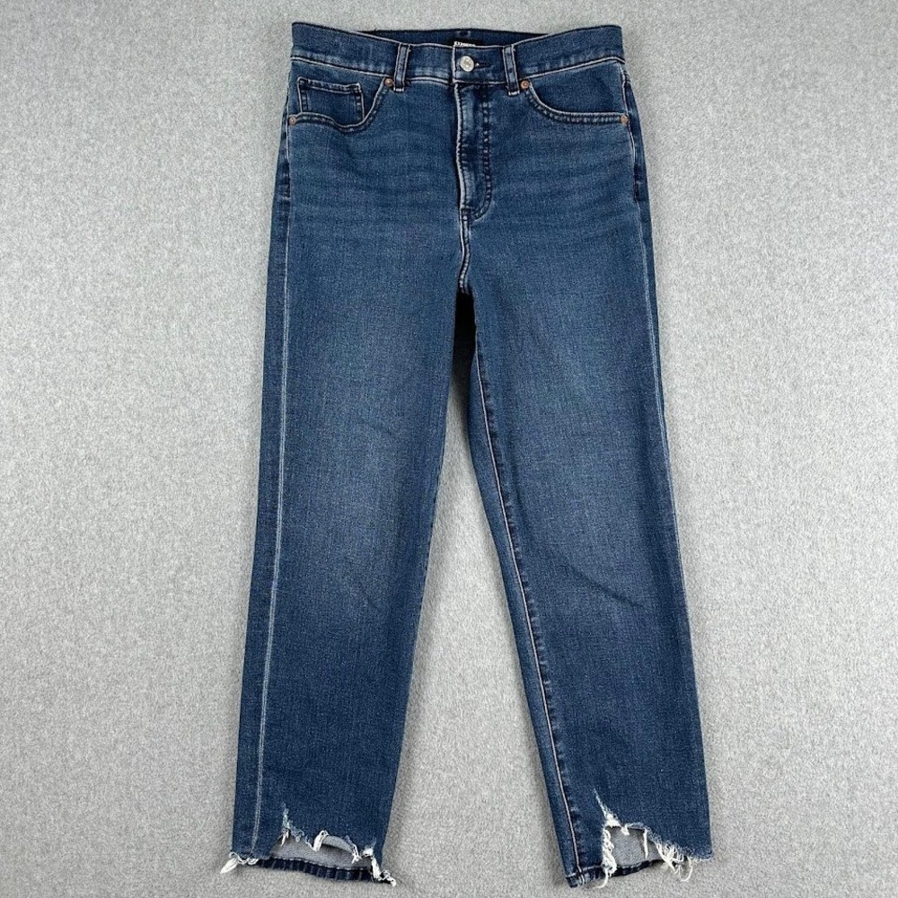 Express Womens Jeans Size 4 Mom Jean Super High Rise‎ Blue Denim Distressed